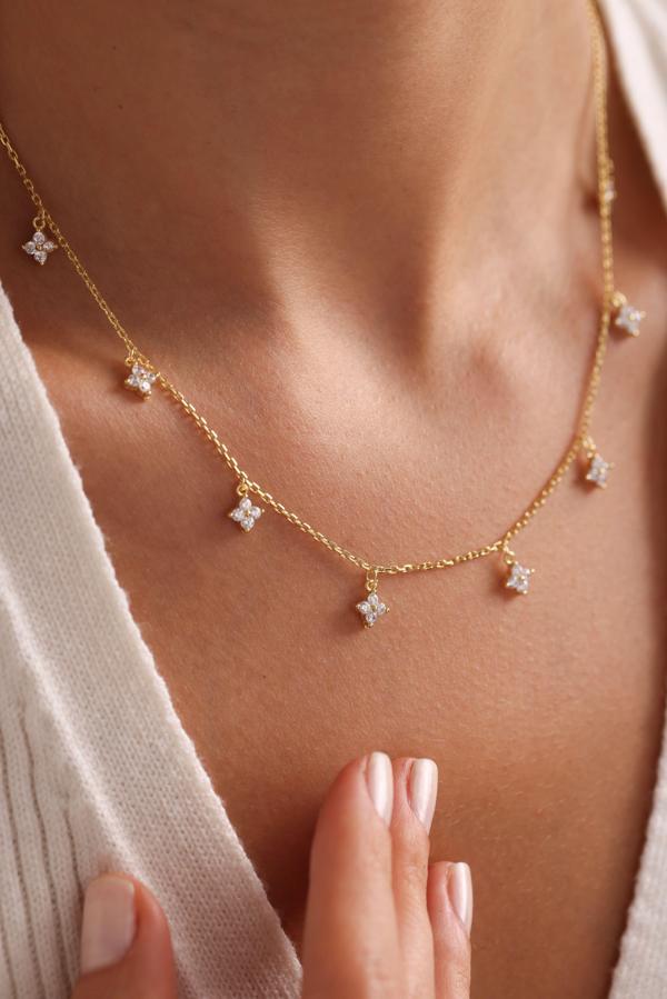 925 Ayar Gümüş Gold Kaplama Zirkon Taşlı Yonca Şans Kolye - Image 1