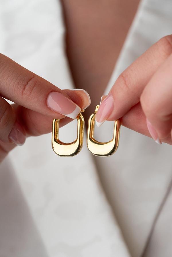 925 Ayar Gümüş Gold Rengi Tombul U Şekil Tasarım Şarnel Küpe - Image 1