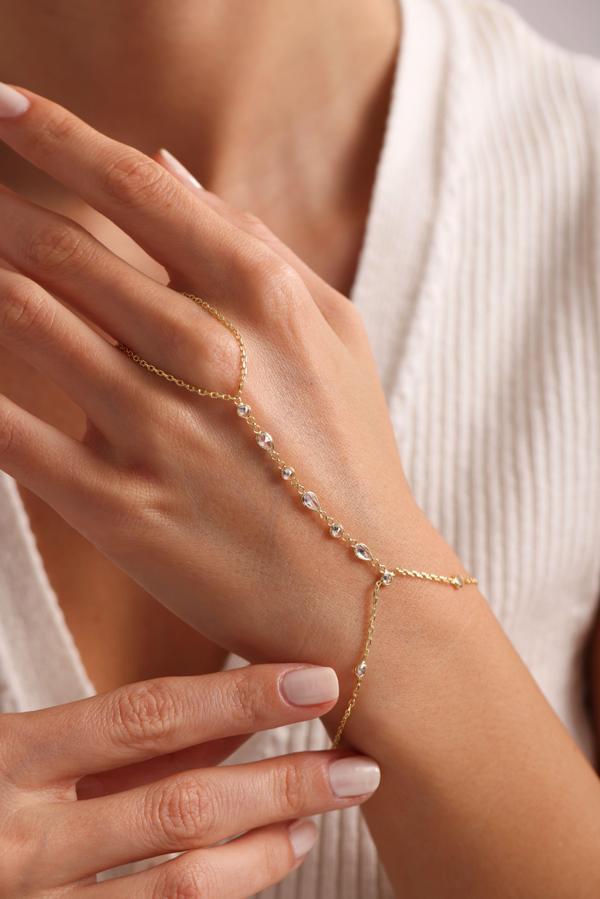 925 Ayar Gümüş Gold Kaplama Beyaz Damla Taşlı Şahmeran Bileklik  - Image 1