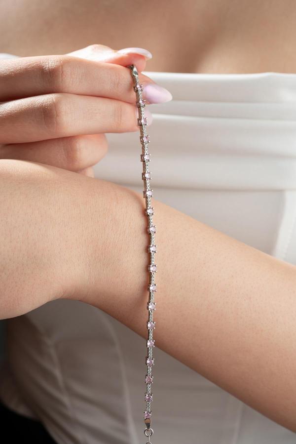 925 Ayar Gümüş Rodyum Kaplama 3 mm Kare Pembe Zirkon Taşlı Suyolu Bileklik - Image 1