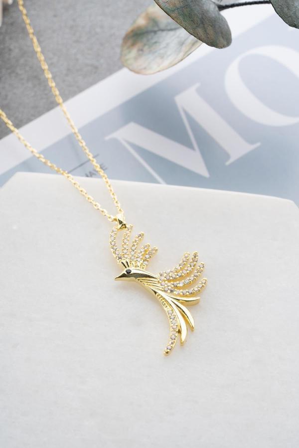 925 Ayar Gümüş Gold Kaplama Zirkon Taşlı Anka Kuşu Kolye - Image 1