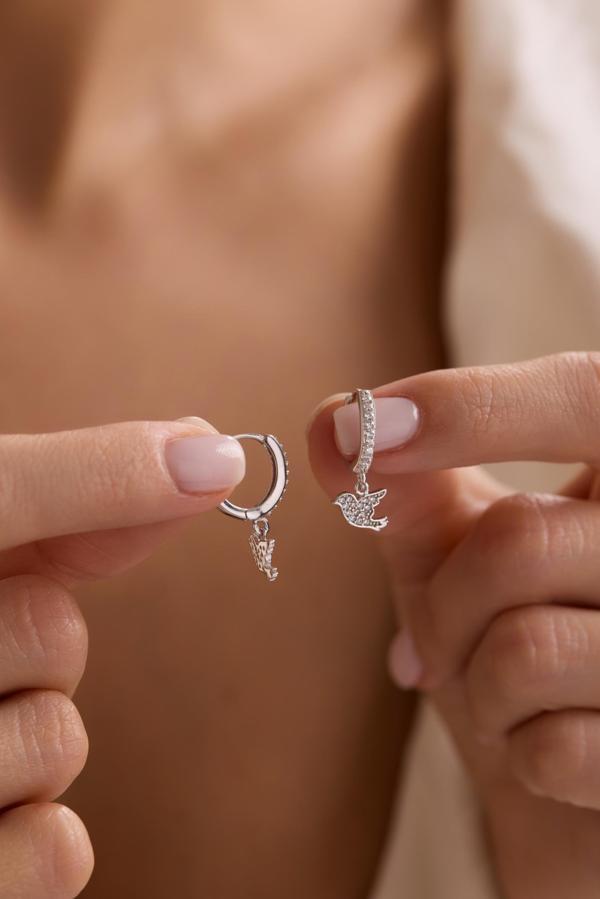 925 Ayar Gümüş Rodyum Kaplama 10 mm Sallantılı Kuş Model Küpe - Image 1