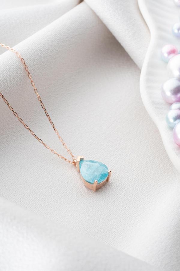 925 Ayar Gümüş Mavi Taşlı Damla Model Kolye - Image 1