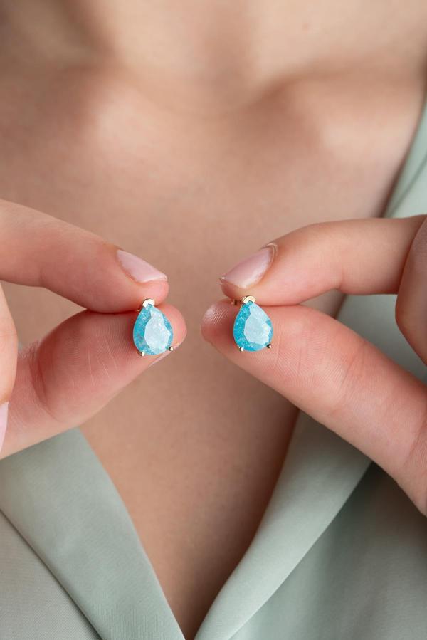 925 Ayar Gümüş Mavi Taşlı Damla Model Küpe - Image 1