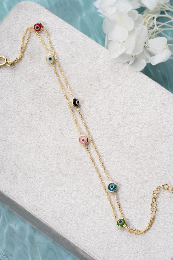 925 Ayar Gümüş Gold Mix Renkli 2 Sıra Zincirli Nazar Göz Bileklik - Image 1