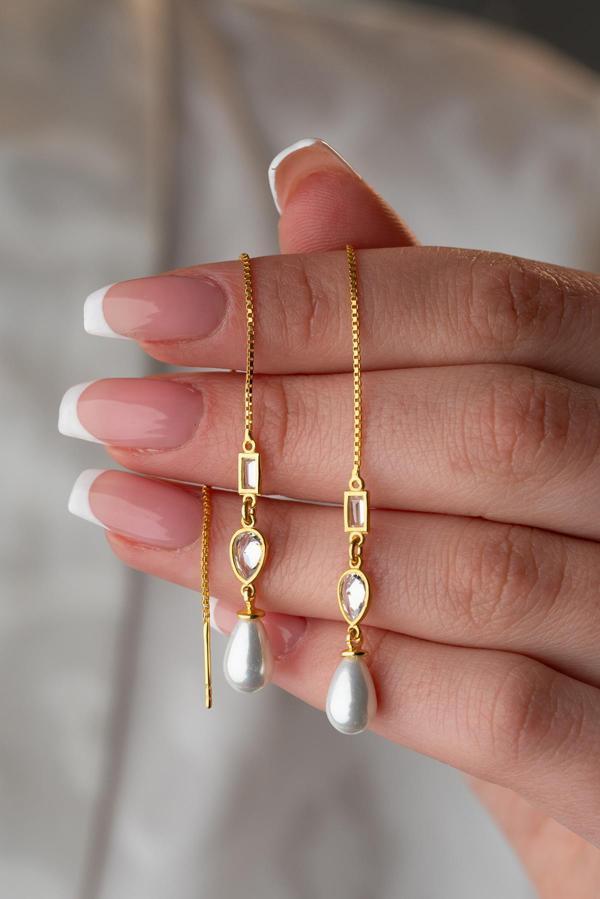 925 Ayar Gümüş Gold Sallantılı İncili 2 Element Zincir Küpe - Image 1