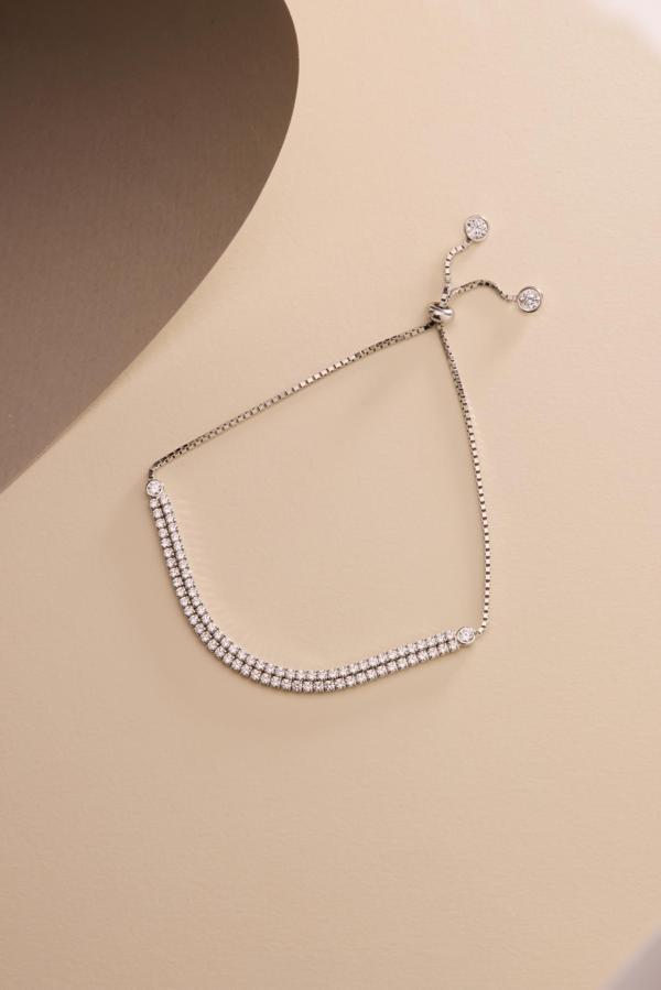 925 Ayar Gümüş Rodyum Kaplama Ayarlanabilir Asansörlü 2 mm Zirkon Taşlı Çift Sıra Su Yolu Bileklik - Image 1