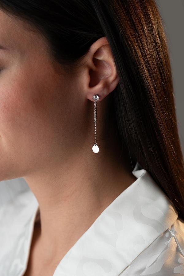 925 Ayar Gümüş Rodyum Kaplama 5 Mm Tektaş Sallantılı Zincir Sade Yuvarlak Model Küpe - Image 1