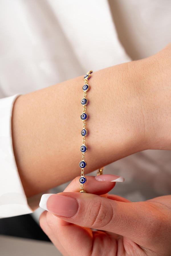 925 Ayar Gümüş Gold Sıralı Mavi Renkli Nazar Göz Bileklik - Image 1