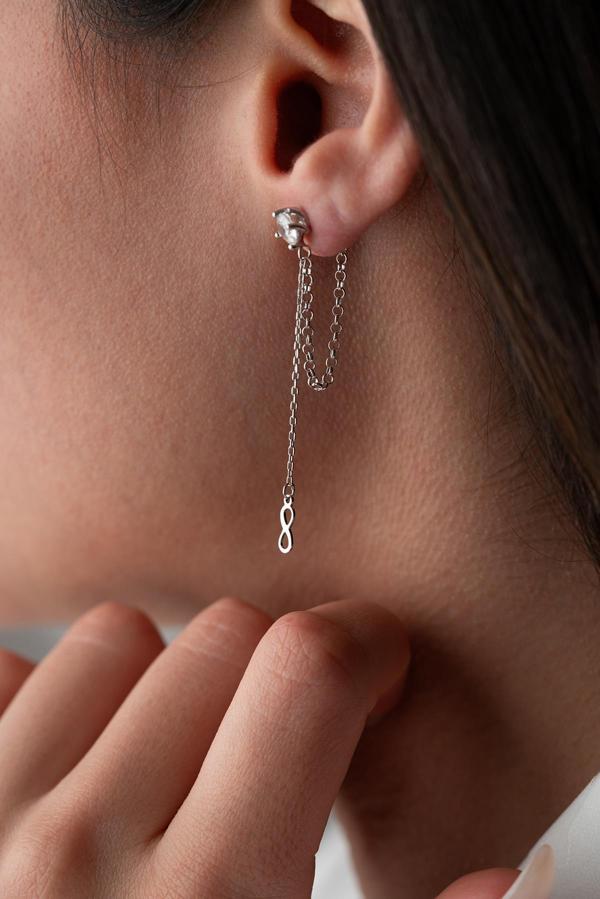 925 Ayar Gümüş Rodyum Kaplama 5 Mm Tektaş Sallantılı Zincir Sonsuzluk Model Küpe - Image 1