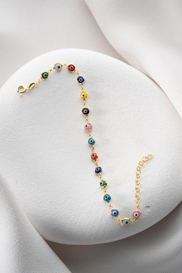 925 Ayar Gümüş Gold Sıralı Mix Renkli Nazar Göz Bileklik - Image 1