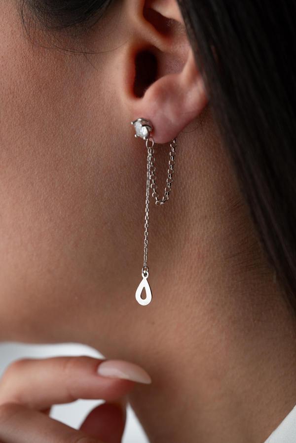 925 Ayar Gümüş Rodyum Kaplama 5 Mm Tektaş Sallantılı Zincir Su Damlası Model Küpe - Image 1