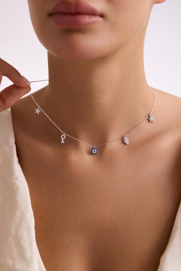 925 Ayar Gümüş Rodyum Kaplama 5 Figürlü Şans  Kolye - Image 1