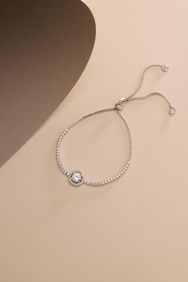 925 Ayar Gümüş Rodyum Kaplama Ayarlanabilir Asansörlü Su Yolu 7 mm Yuvarlak Tektaş Model Bileklik - Image 1