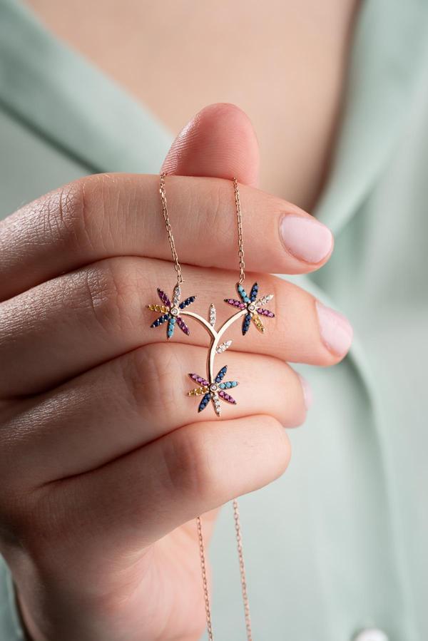 925 Ayar Gümüş Mix Taşlı 3'Lü Kırçiçeği Kolye - Image 1