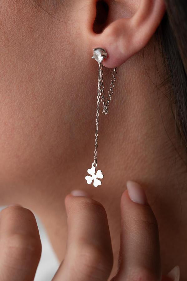 925 Ayar Gümüş Rodyum Kaplama 5 Mm Tektaş Sallantılı Zincir Dört Yapraklı Yonca Küpe - Image 1