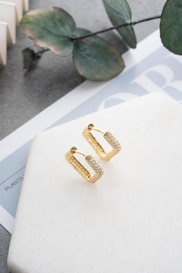 925 Ayar Gümüş Gold Kaplama Zirkon Taşlı Kübik Tasarım Küpe - Image 1