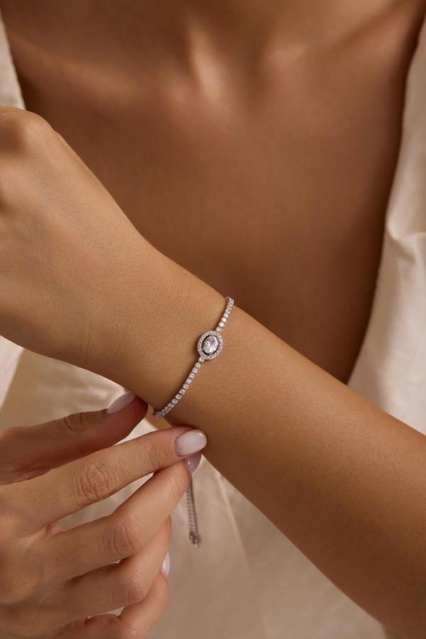 925 Ayar Gümüş Rodyum Kaplama Ayarlanabilir Asansörlü Su Yolu Damla Tektaş Model Bileklik - Image 1