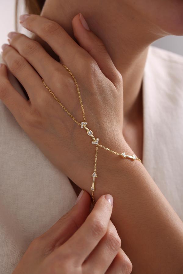 925 Ayar Gümüş Gold Kaplama Zirkon Taşlı Ok Tasarım Şahmeran Bileklik  - Image 1