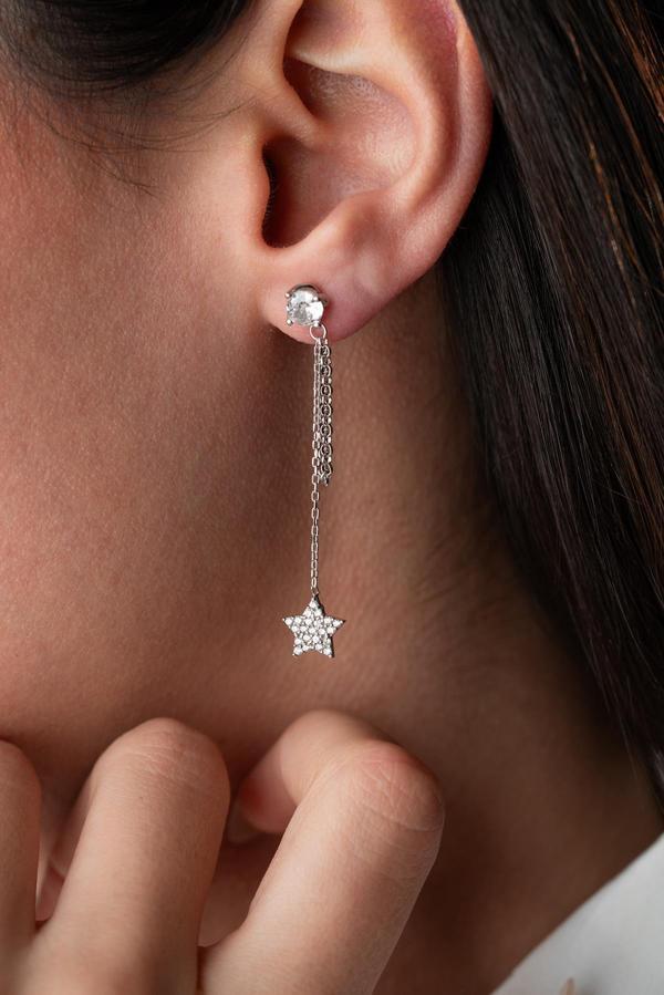 925 Ayar Gümüş Rodyum Kaplama 5 Mm Tektaş Sallantılı Zincir Zirkon Taşlı Yıldız Küpe - Image 1