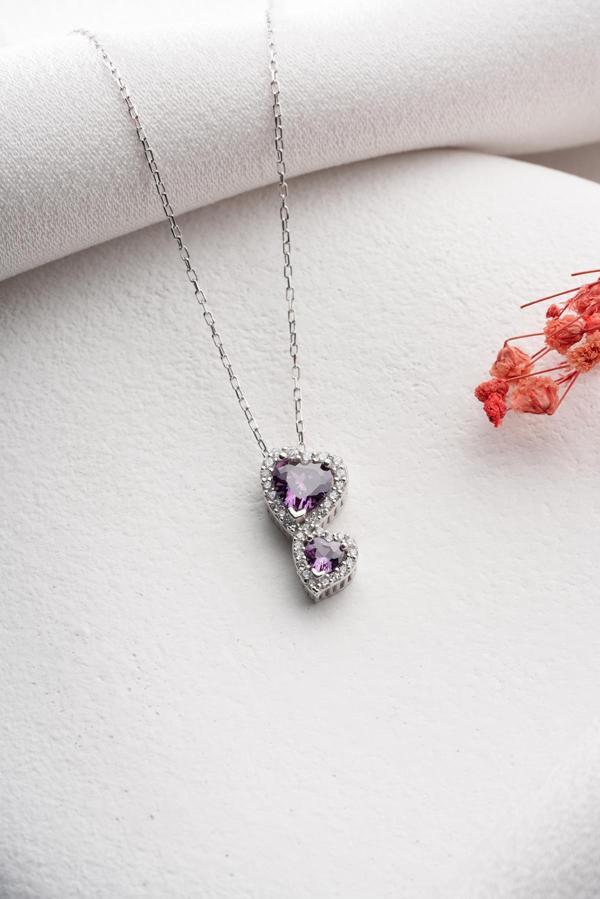 925 Ayar Gümüş Rodyum Kaplama Mor Taşlı Çift Kalp Model Kolye - Image 1