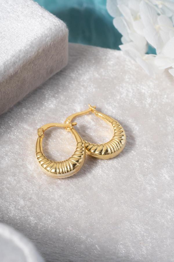 925 Ayar Gümüş Gold Rengi Çizgili Oval Tasarım Şarnel Küpe - Image 1