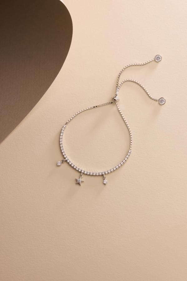 925 Ayar Gümüş Rodyum Kaplama Ayarlanabilir Asansörlü Su Yolu Sallantı Yıldız Model Bileklik - Image 1