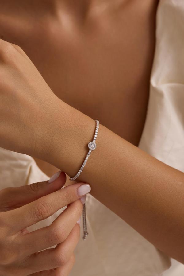 925 Ayar Gümüş Rodyum Kaplama Ayarlanabilir Asansörlü Su Yolu Tektaş Elmas Montür Bileklik - Image 1