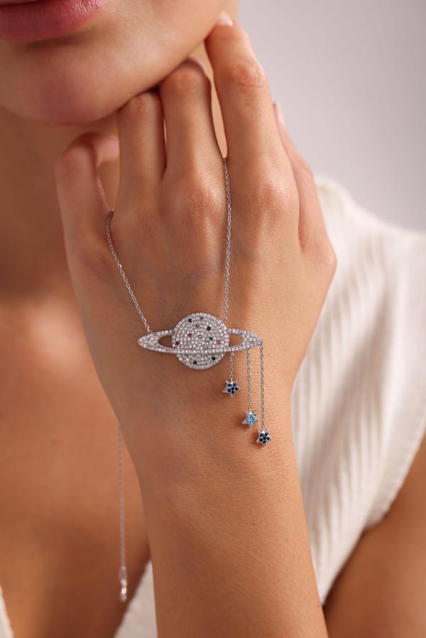 925 Ayar Gümüş Rodyum Kaplama Sallantı Yıldızlı Gezegen Kolye - Image 1