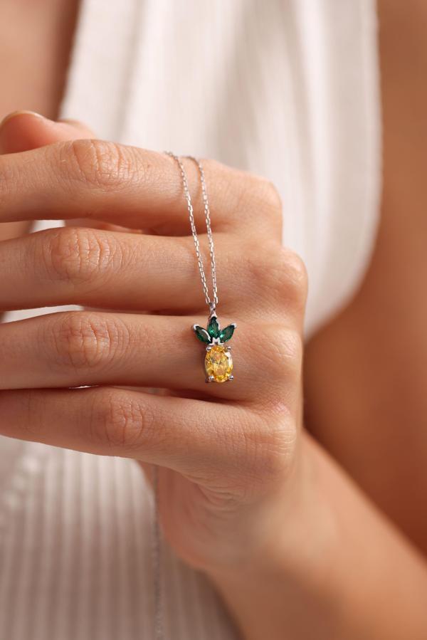 925 Ayar Gümüş Rodyum Kaplama Sitrin Taşlı Ananas Kolye - Image 1