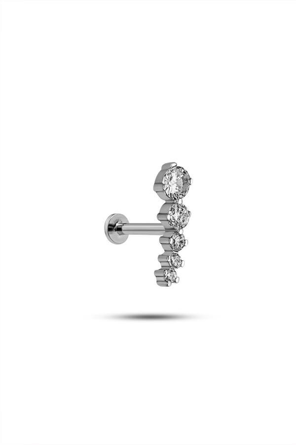 925 Ayar Gümüş Rodyumlu Minimal Süzme Beş Taşlı Tragus Piercing Küpe - Image 1