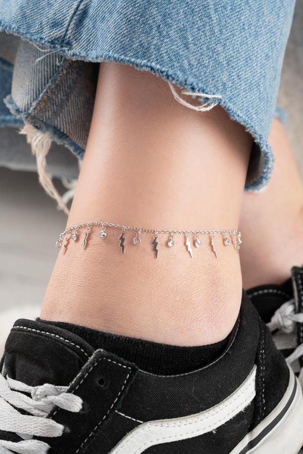 925 Ayar Gümüş Rodyum Kaplama Şimşek Figürlü Zirkon Taşlı Halhal - Image 1