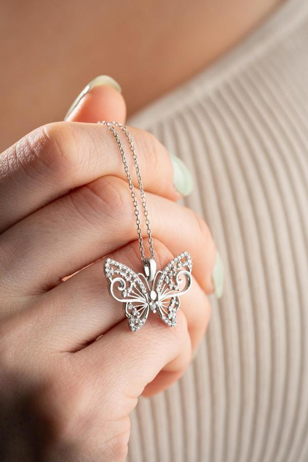 925 Ayar Gümüş Rodyum Kaplama Zirkon Taşlı Kelebek Tasarım Kolye - Image 1