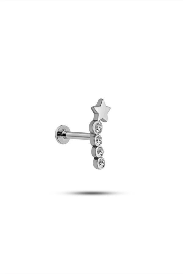 925 Ayar Gümüş Rodyumlu Minimal Kayan Yıldız Dört Taşlı Tragus Piercing Küpe - Image 1