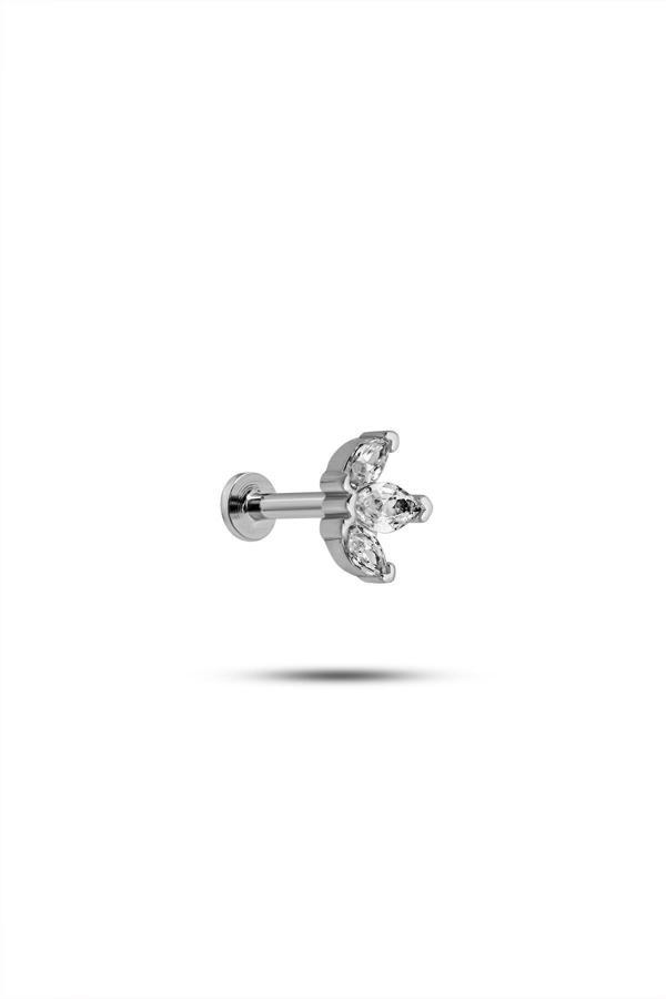925 Ayar Gümüş Rodyumlu Minimal Üç Mekik Taşlı Lotus Tragus Piercing Küpe - Image 1