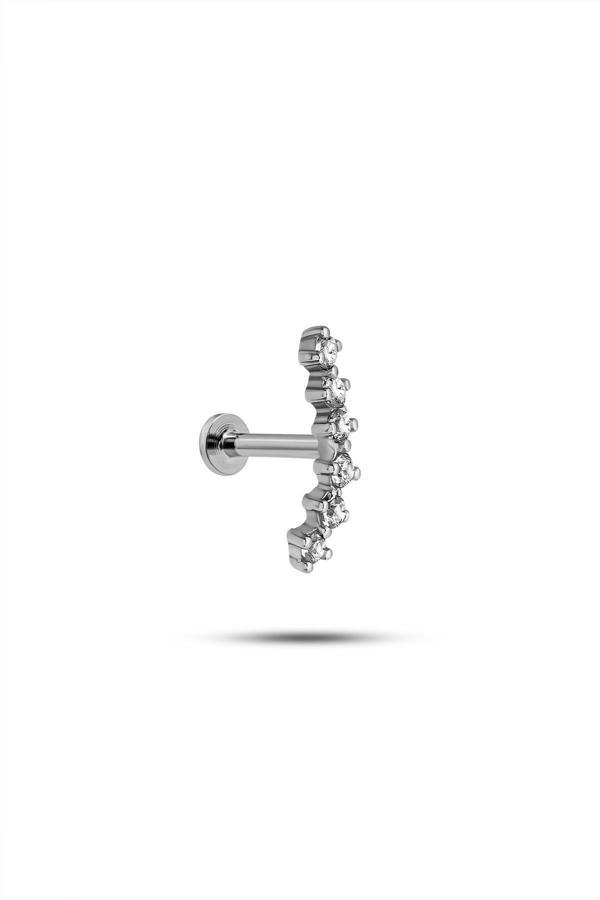 925 Ayar Gümüş Rodyumlu Minimal Sıralı Altı Zirkon Taşlı Tragus Piercing Küpe - Image 1