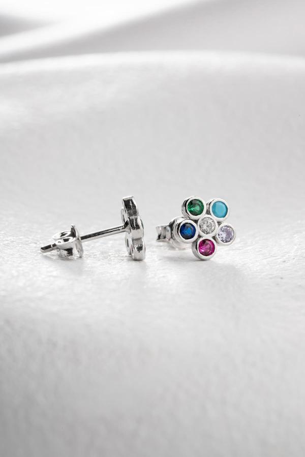 925 Ayar Gümüş Rodyum Kaplama Minik Mix Taşlı Kır Çiçeği Küpe - Image 1