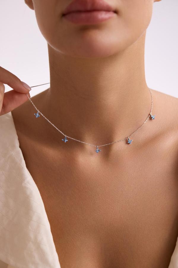 925 Ayar Gümüş Rodyum Kaplama Aquamarin Taşlı Şans Kelebek Kolye - Image 1