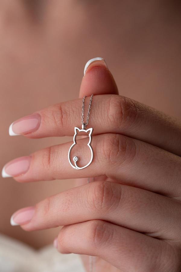 925 Ayar Gümüş Rodyumlu Sade Tektaş Kedi Kolye - Image 1