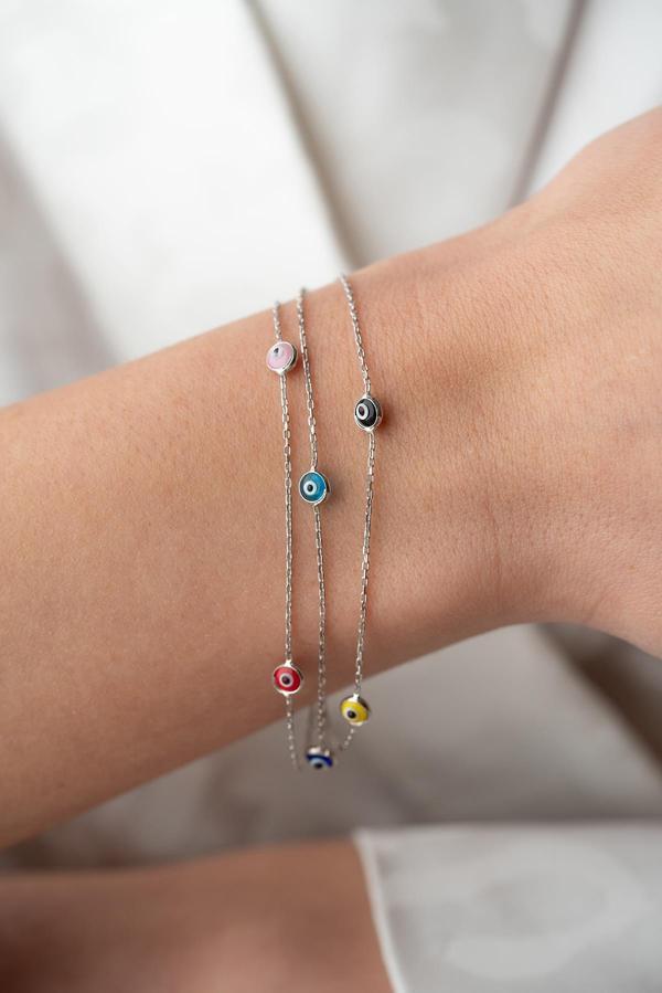 925 Ayar Gümüş Rodyumlu Mix Renkli 3 Sıra Zincirli Nazar Göz Bileklik - Image 1