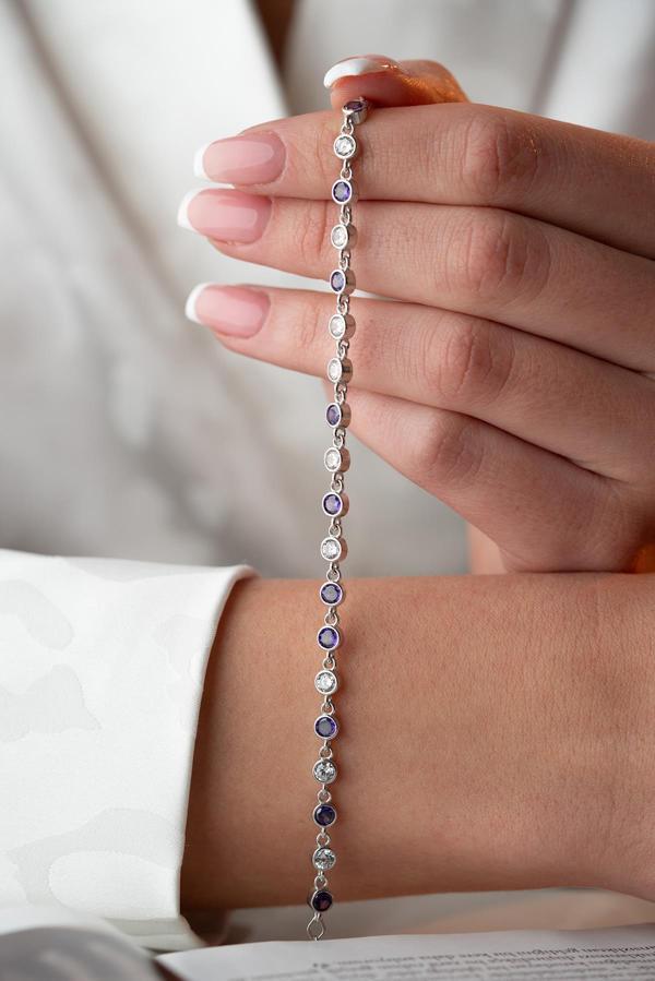 925 Ayar Gümüş Rodyumlu Mor Taşlı Yuvarlak Tasarım Bileklik - Image 1