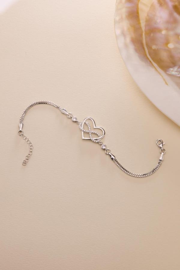 925 Ayar Gümüş Rodyum Kaplama Kalp Sonsuzluk Bileklik - Image 1