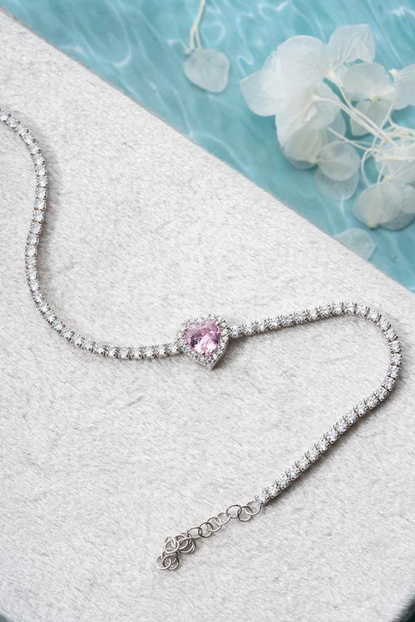 925 Ayar Gümüş Rodyum Kaplama Pembe Taşlı Kalp 2 mm Zirkon Taşlı Suyolu Bileklik  - Image 1