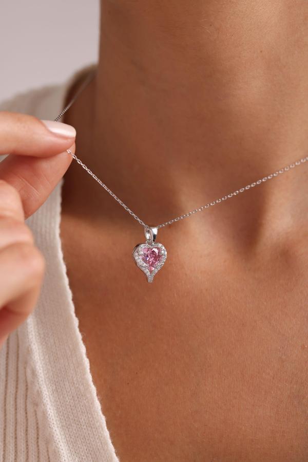 925 Ayar Gümüş Rodyum Kaplama Pembe Taşlı Kalp Kolye - Image 1