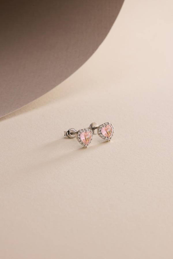 925 Ayar Gümüş Rodyum Kaplama Pembe Taşlı Kalp Model Küpe - Image 1