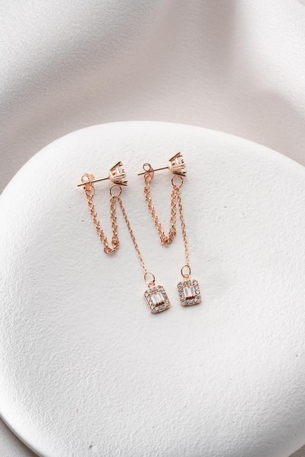 925 Ayar Gümüş Rose Kaplama 5 Mm Tektaş Sallantılı Zincir Baget Taşlı Tektaş Küpe - Image 1