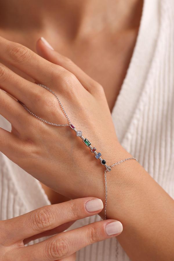 925 Ayar Gümüş Rodyum Kaplama Mix Taşlı Çubuk Şahmeran Bileklik  - Image 1