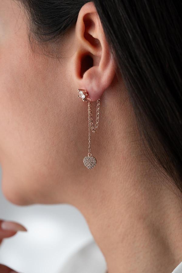 925 Ayar Gümüş Rose Kaplama 5 Mm Tektaş Sallantılı Zincir Kalp Model Küpe - Image 1