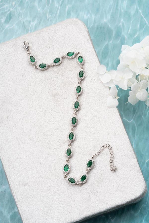 925 Ayar Gümüş Rodyumlu Sıralı Yeşil Taşlı Oval Model Bileklik - Image 1