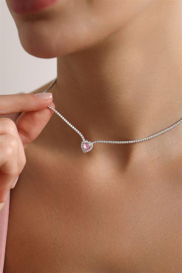 925 Ayar Gümüş Rodyum Kaplama Pembe Taşlı Suyolu Kolye - Image 1